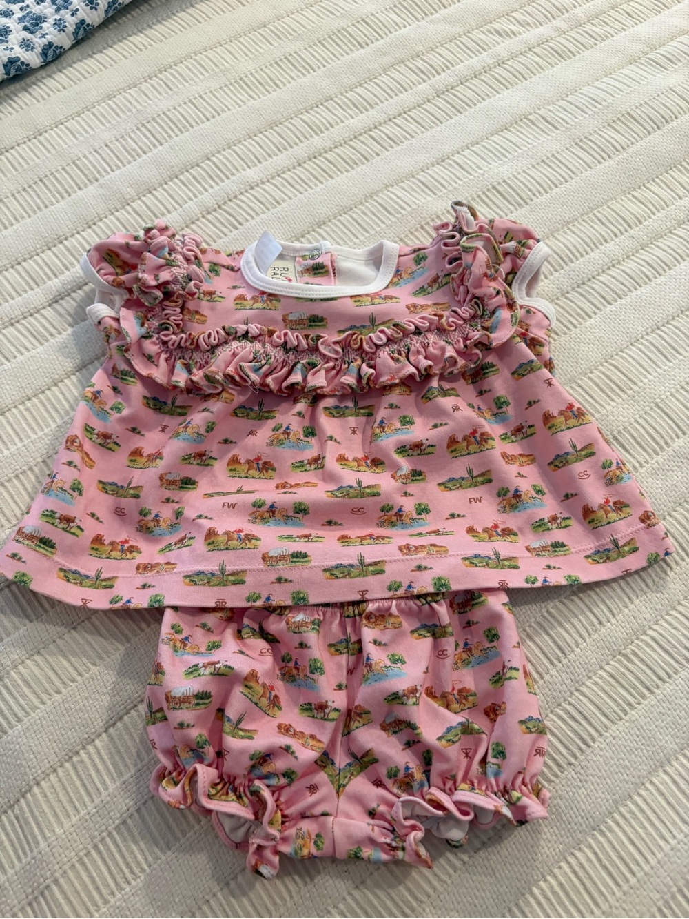 NWOT Pink Ruffled Baby Two-Piece Set with Western Print
